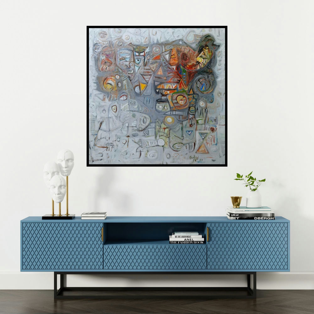 'Untitled 11 (The Tapestry of Faces)' painting by Rajesh Kumar Singh shown on a wall in a furnished room.