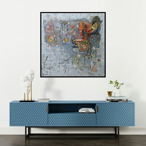 'Untitled 11 (The Tapestry of Faces)' painting by Rajesh Kumar Singh shown on a wall in a furnished room.