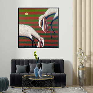 Pratap Kore's 'Untitled 11 (Serene Companions**)' painting visualized above a sofa in a contemporary room.