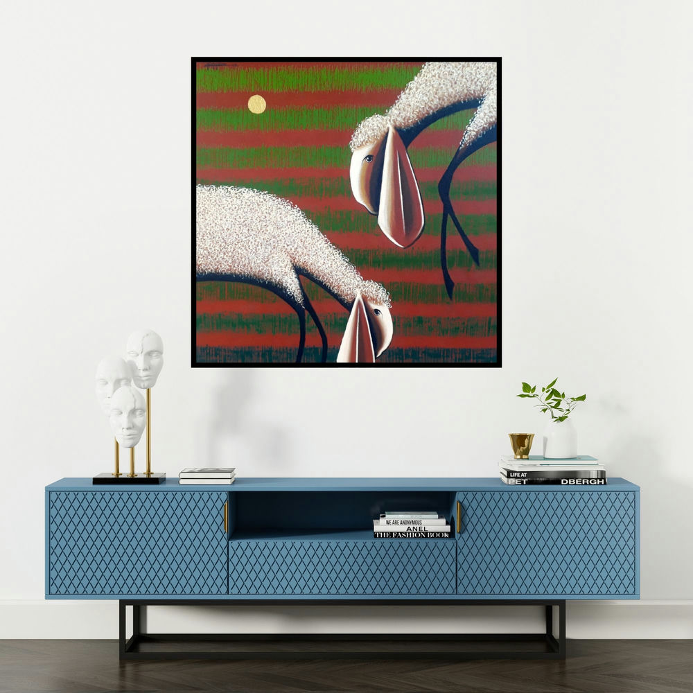 'Untitled 11 (Serene Companions**)' painting by Pratap Kore shown on a wall in a furnished room.