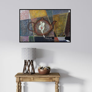 In-situ view of Sangeeta Singh's 'Untitled 11 (A Teapot's Tale)' painting in a room