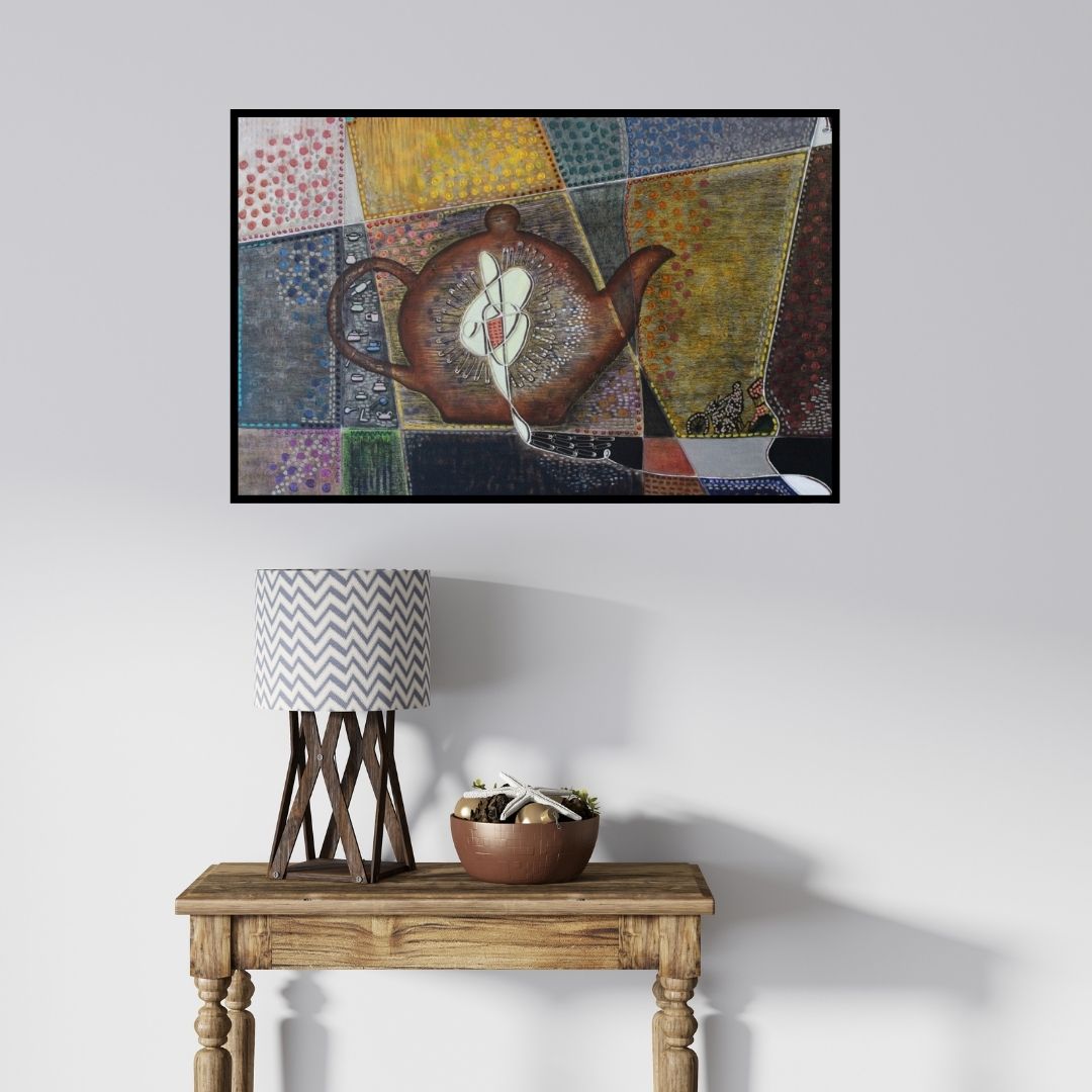 In-situ view of Sangeeta Singh's 'Untitled 11 (A Teapot's Tale)' painting in a room