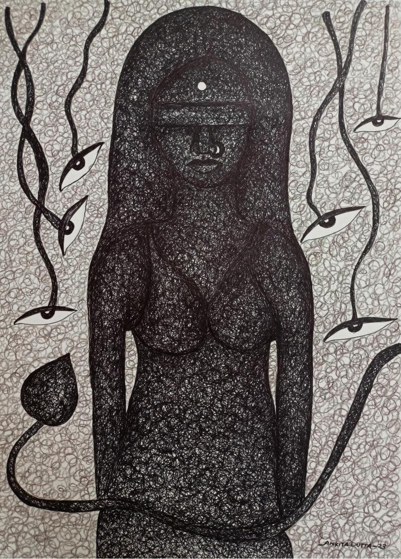 Figurative mixed media painting titled 'Untitled 11', 17x12 inches, by artist Ankita Dutta on Paper