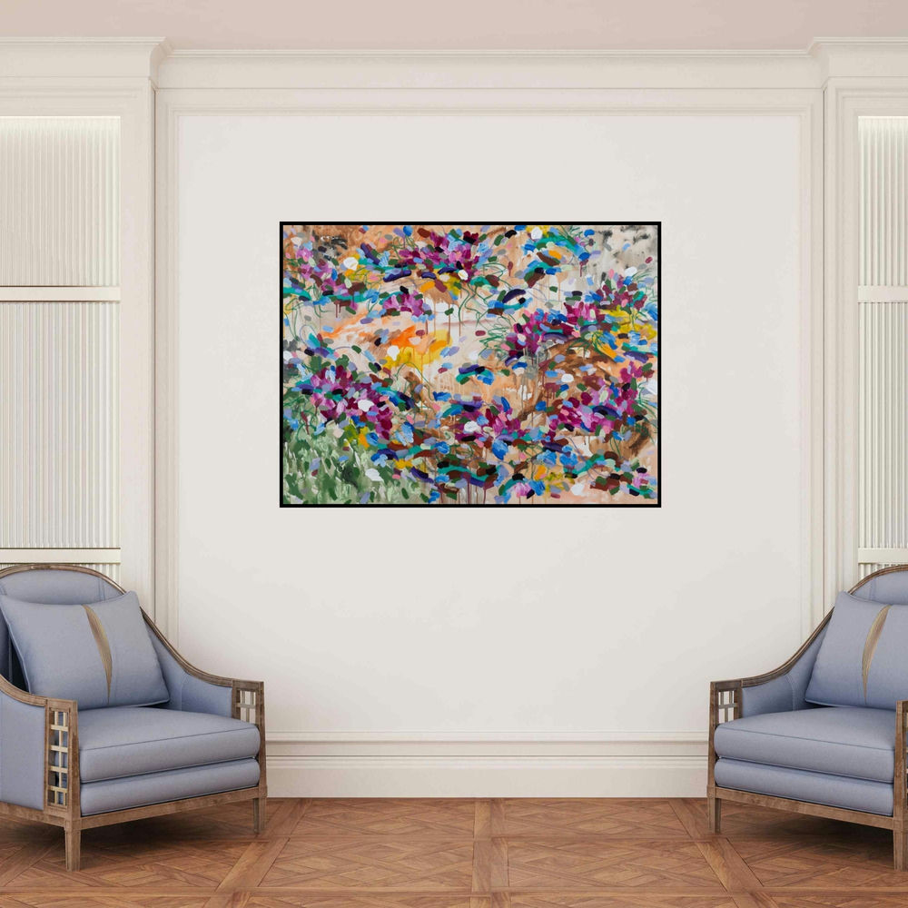 'Untitled 11 (Abstract Floral Landscape)' painting by Sheena Bajaria shown on a wall in a furnished room.