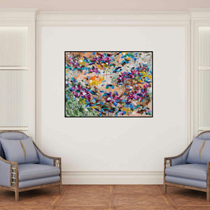 'Untitled 11 (Abstract Floral Landscape)' painting by Sheena Bajaria shown on a wall in a furnished room.