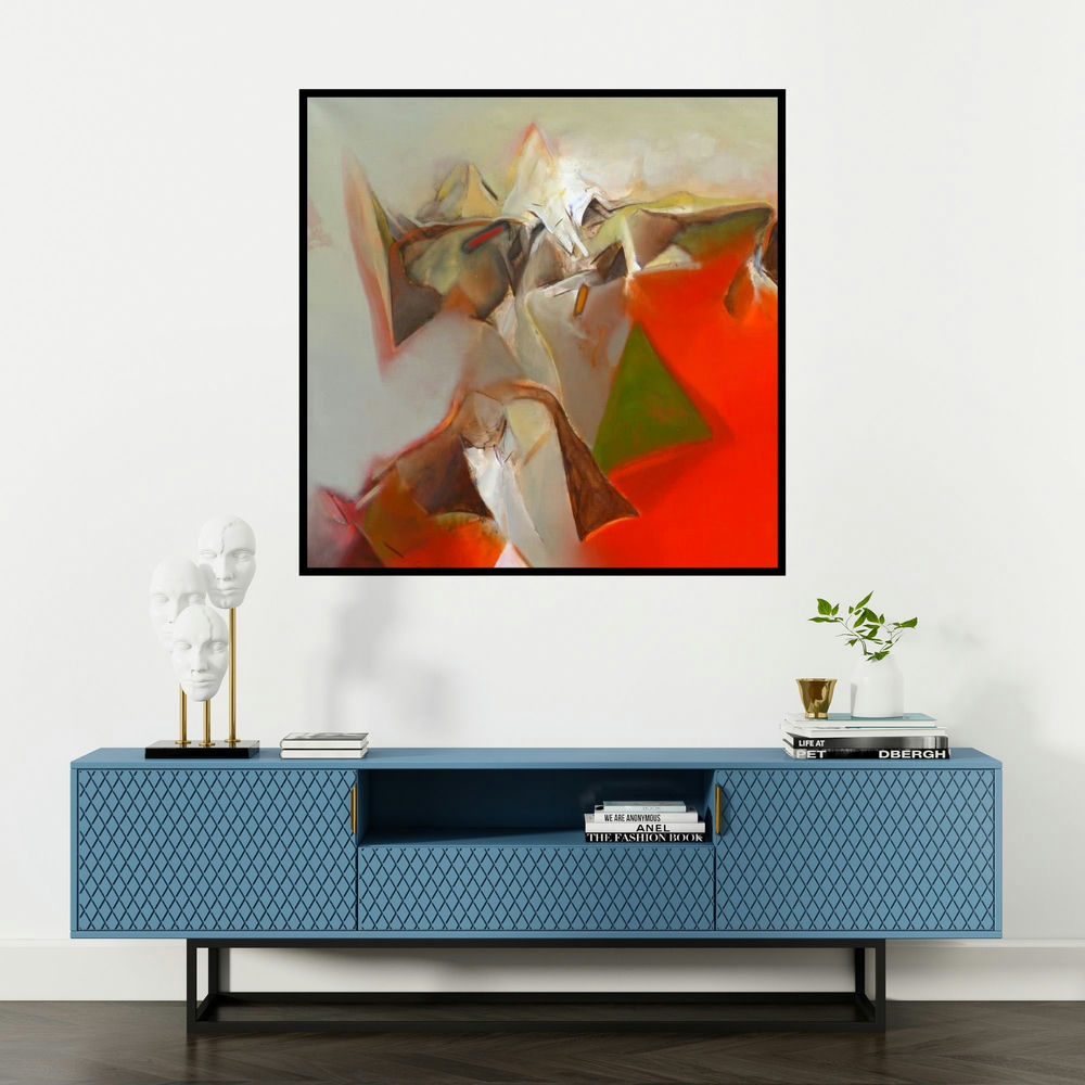 'Untitled 114 (Eruption)' painting by Shrikant Kadam shown on a wall in a furnished room.