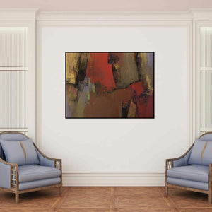 'Untitled 115 (Abstract Forms)' painting by Siddhesh Rane shown on a wall in a furnished room.