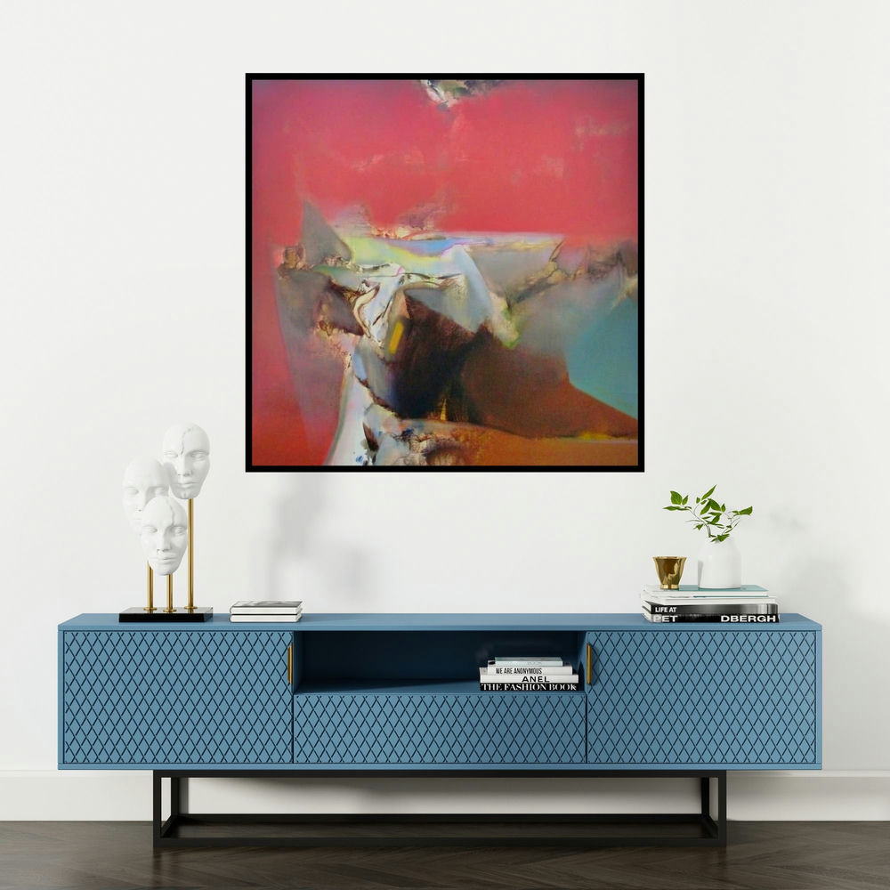 'Untitled 118 (Crimson Horizon)' painting by Shrikant Kadam shown on a wall in a furnished room.