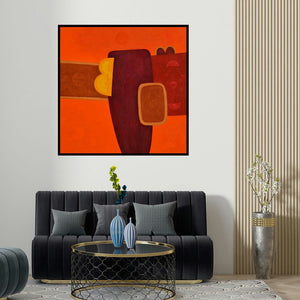 Bhushan Vaidhya's 'Untitled 12 (Crimson Dance: An Abstract Composition)' painting visualized above a sofa in a contemporary room.
