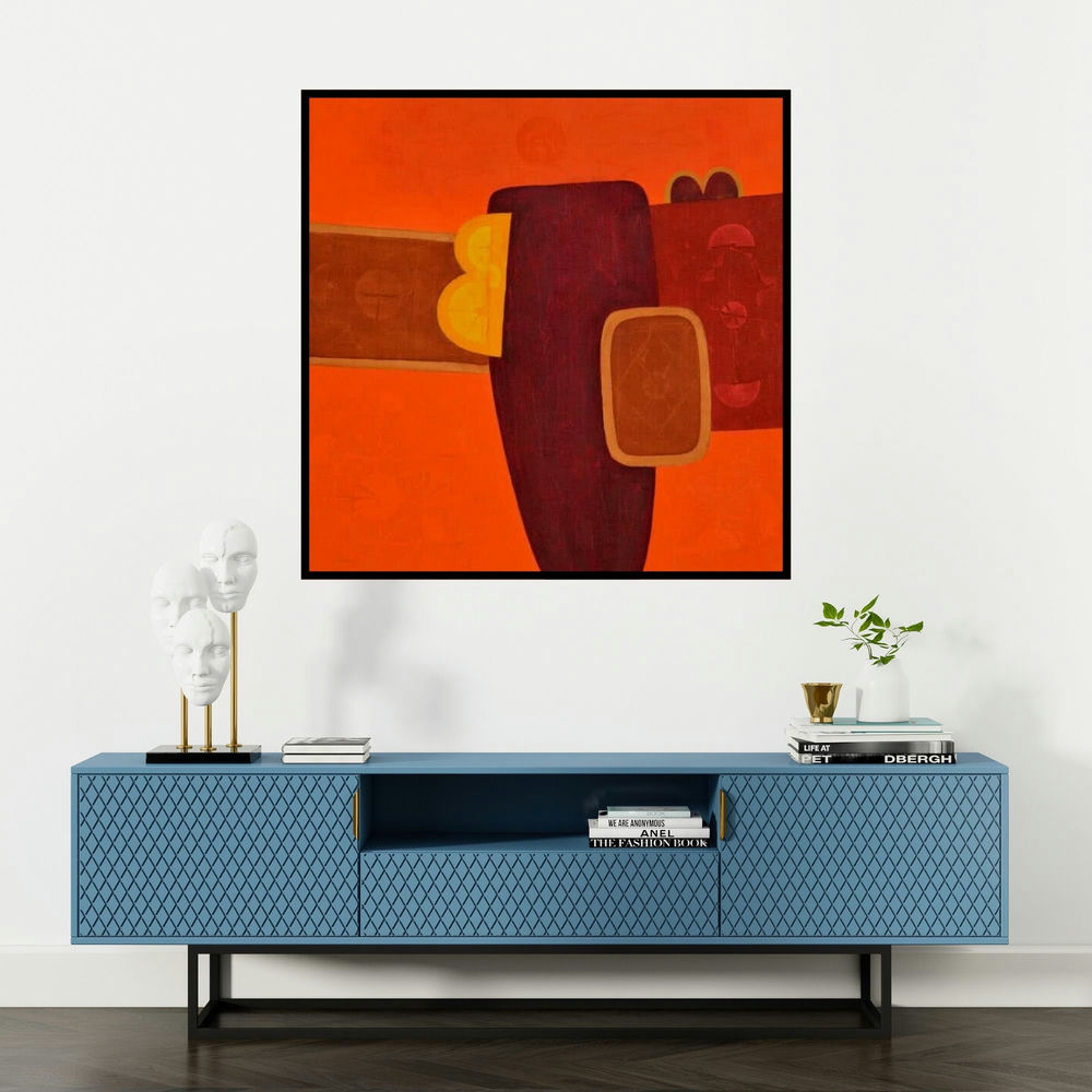'Untitled 12 (Crimson Dance: An Abstract Composition)' painting by Bhushan Vaidhya shown on a wall in a furnished room.