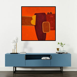 'Untitled 12 (Crimson Dance: An Abstract Composition)' painting by Bhushan Vaidhya shown on a wall in a furnished room.