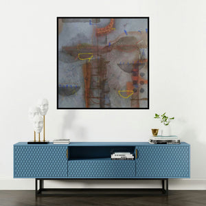 'Untitled 12 (Abstract Layers)' painting by Narendar Mukherjee shown on a wall in a furnished room.