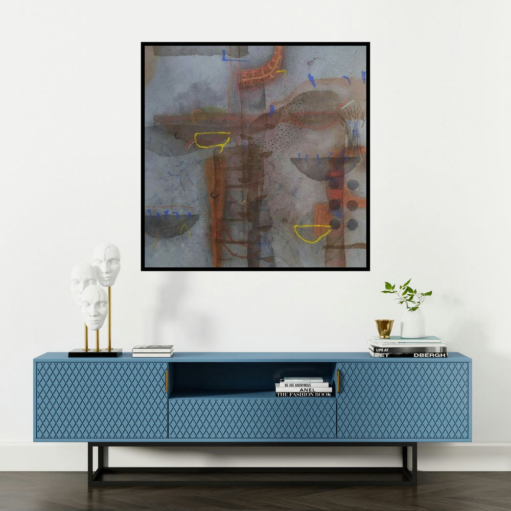 'Untitled 12 (Abstract Layers)' painting by Narendar Mukherjee shown on a wall in a furnished room.