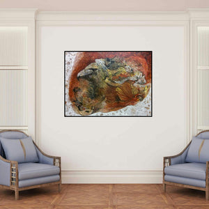 'Untitled 12 (The Watchful Eye)' painting by Swati Sable shown on a wall in a furnished room.
