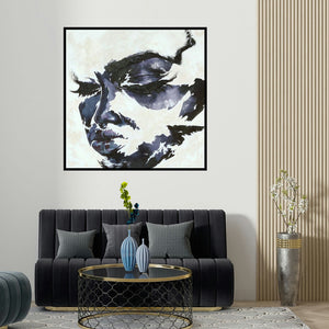 Vijay Shelar's 'Untitled 12 (Pensive Shadows)' painting visualized above a sofa in a contemporary room.