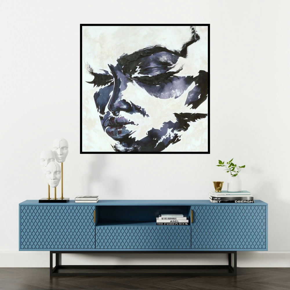 'Untitled 12 (Pensive Shadows)' painting by Vijay Shelar shown on a wall in a furnished room.