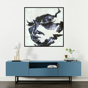 'Untitled 12 (Pensive Shadows)' painting by Vijay Shelar shown on a wall in a furnished room.