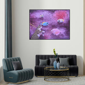 'Untitled 12 (A Curious Encounter)' painting by Bikash Mohanta shown on a wall in a furnished room.