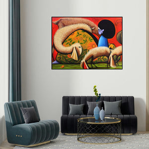Pratap Kore's 'Untitled 12 (Serene Shepherdess**)' painting visualized above a sofa in a contemporary room.