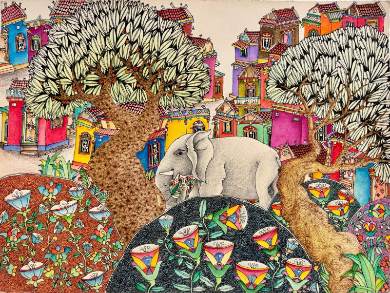 Untitled 12' landscape mixed-media painting by artist Rajasekhar Komakula, 11x16 inch, on acid free paper