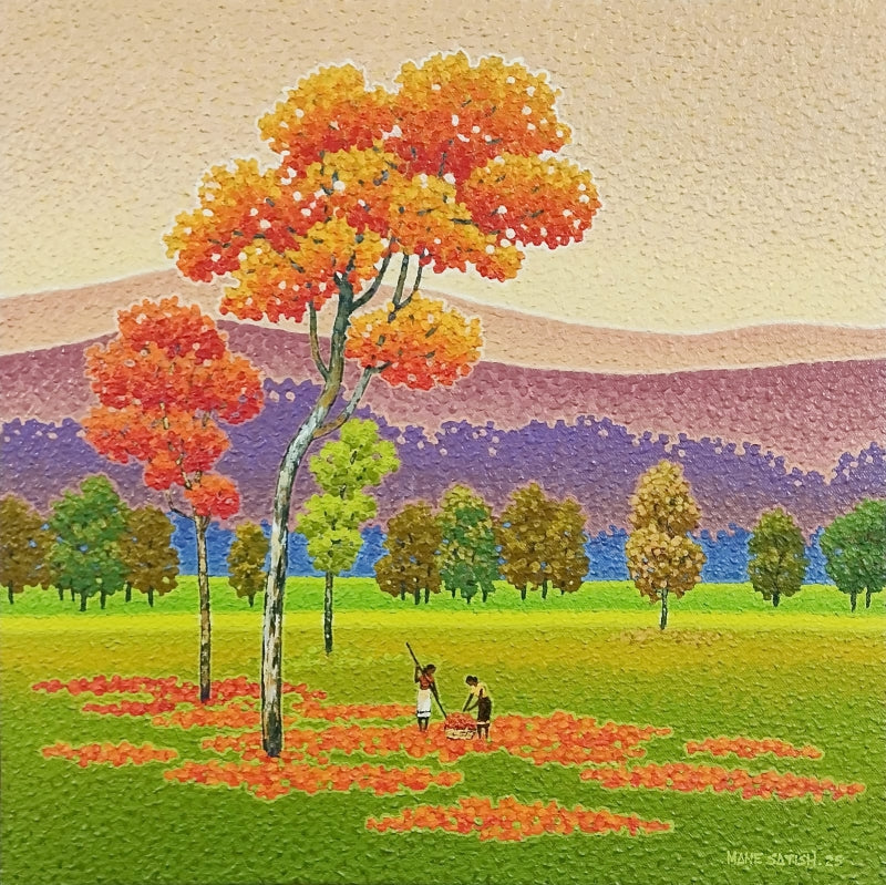 'Untitled 12' landscape acrylic painting by artist Satish Mane, 18x18 inch, on canvas
