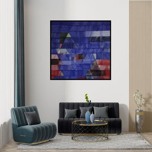 Preview of 'Untitled 120 (Shifting Realities)' Painting by Vivek Nimbolkar shown on a wall in a furnished room.