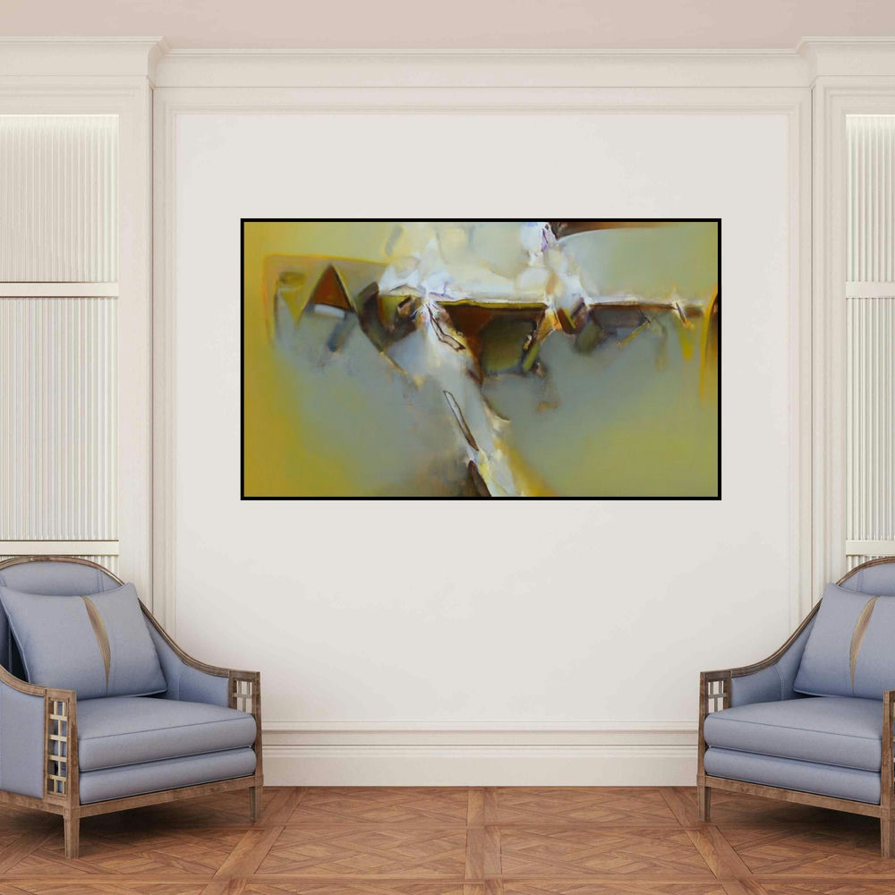 'Untitled 122 (Shifting Sands)' painting by Shrikant Kadam shown on a wall in a furnished room.