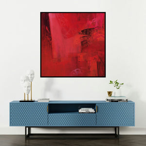 'Untitled 122 (Crimson Abstraction)' painting by Siddhesh Rane shown on a wall in a furnished room.