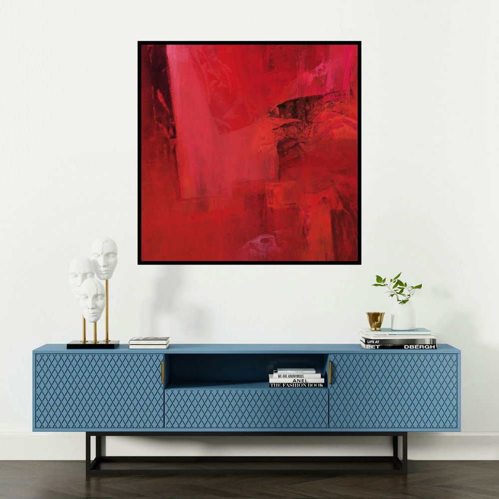 'Untitled 122 (Crimson Abstraction)' painting by Siddhesh Rane shown on a wall in a furnished room.