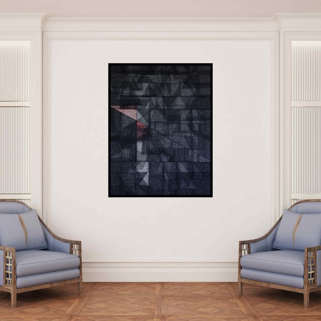 In-situ view of Vivek Nimbolkar's 'Untitled 122 (Crimson Intersection)' painting in a room