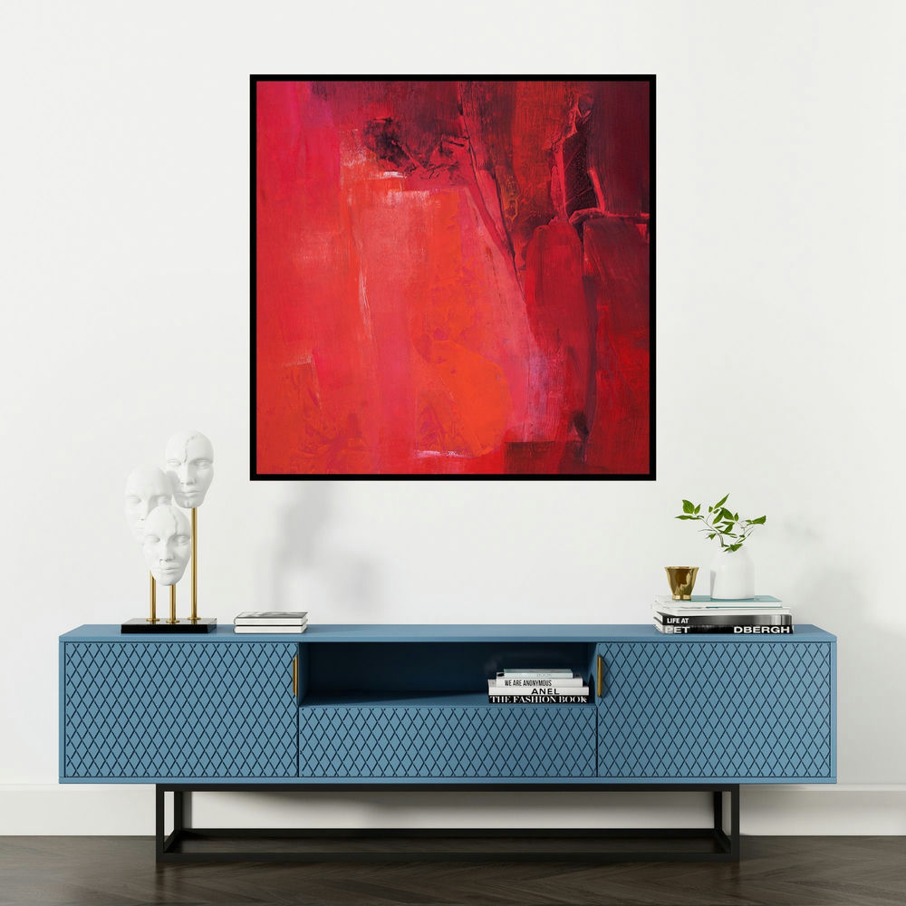 'Untitled 123 (Scarlet Veil)' painting by Siddhesh Rane shown on a wall in a furnished room.