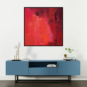 'Untitled 123 (Scarlet Veil)' painting by Siddhesh Rane shown on a wall in a furnished room.