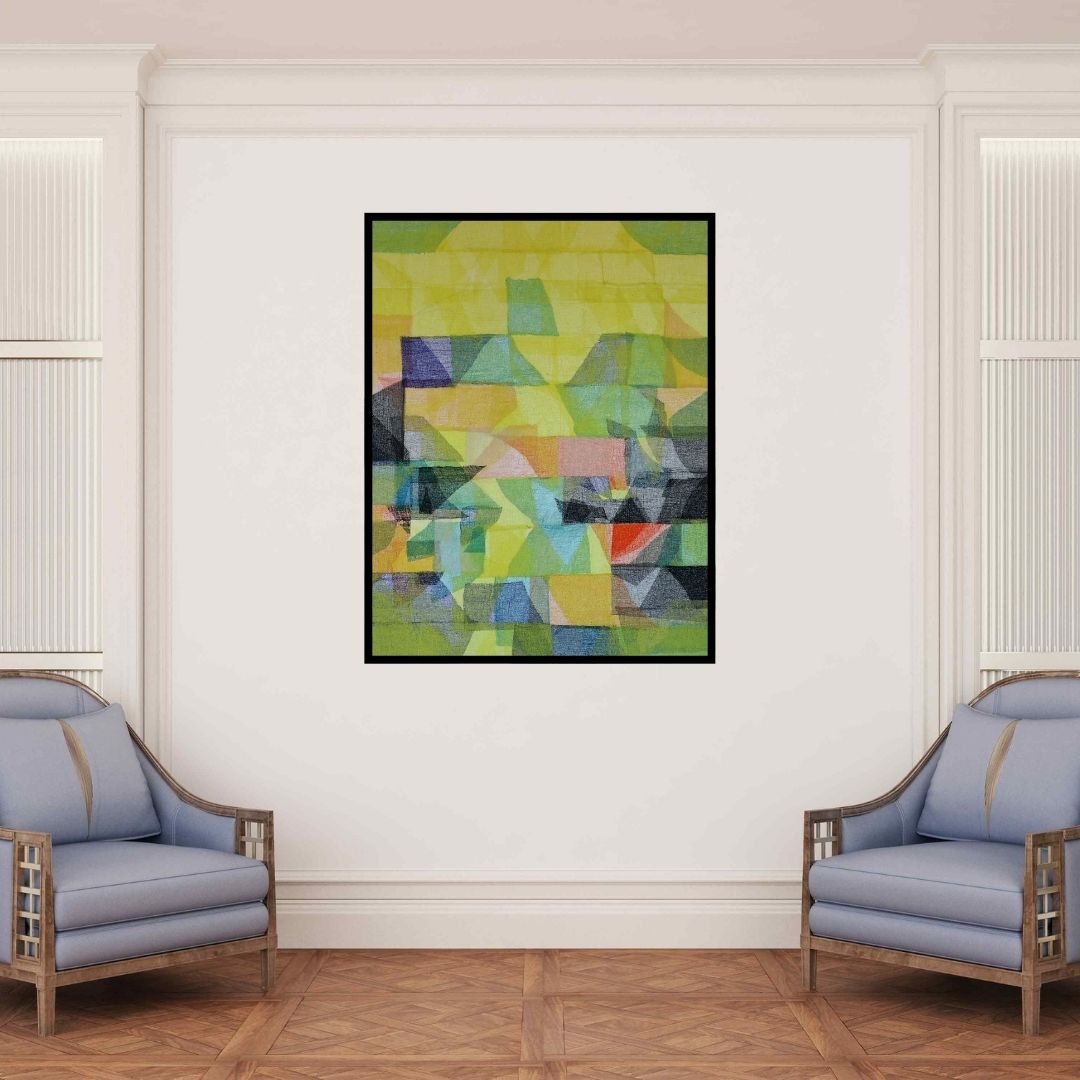 In-situ view of Vivek Nimbolkar's 'Untitled 124 (Sunlit Landscape)' painting in a room