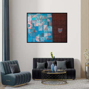 Preview of 'Untitled 126 (Divided Landscape)' Painting by Vivek Nimbolkar shown on a wall in a furnished room.