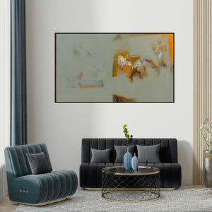 Shrikant Kadam's 'Untitled 128' painting visualized above a sofa in a contemporary room.