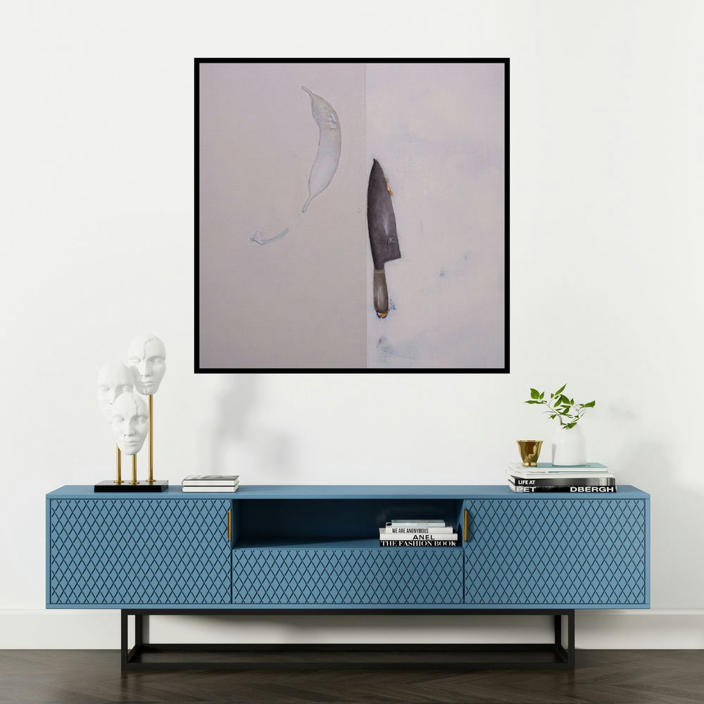 'Untitled 1299 (Domestic Violence)' painting by Arvind Patel shown on a wall in a furnished room.