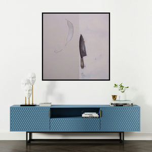 'Untitled 1299 (Domestic Violence)' painting by Arvind Patel shown on a wall in a furnished room.