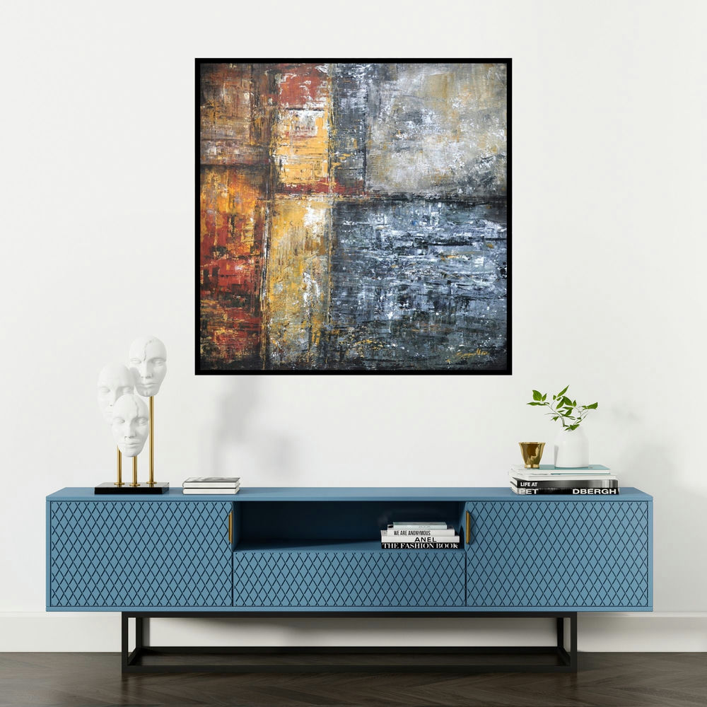 'Untitled 13 (Urban Textures)' painting by Sanjay Akolikar shown on a wall in a furnished room.