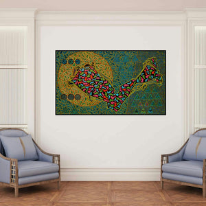 'Untitled 13 (The Voyage of the Soul)' painting by Nitin Dongare shown on a wall in a furnished room.