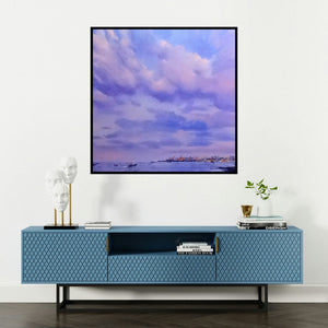 'Untitled 13 (Twilight Horizons)' painting by Azharuuddin Inamdar shown on a wall in a furnished room.