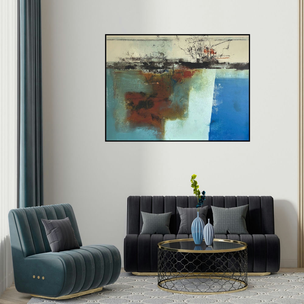 'Untitled 13 (Untitled 13: Blue Acrylic Painting)' painting by Shilpa Nikam shown on a wall in a furnished room.