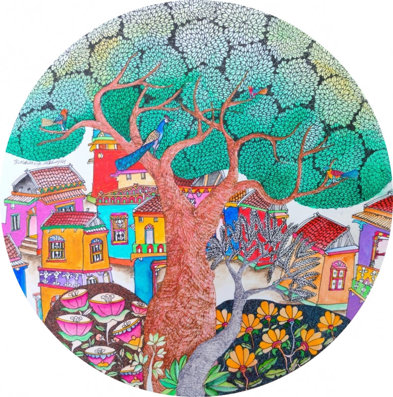 Cityscape watercolor painting titled 'Untitled 13', 11x11 inch, by artist Rajasekhar Komakula on Paper