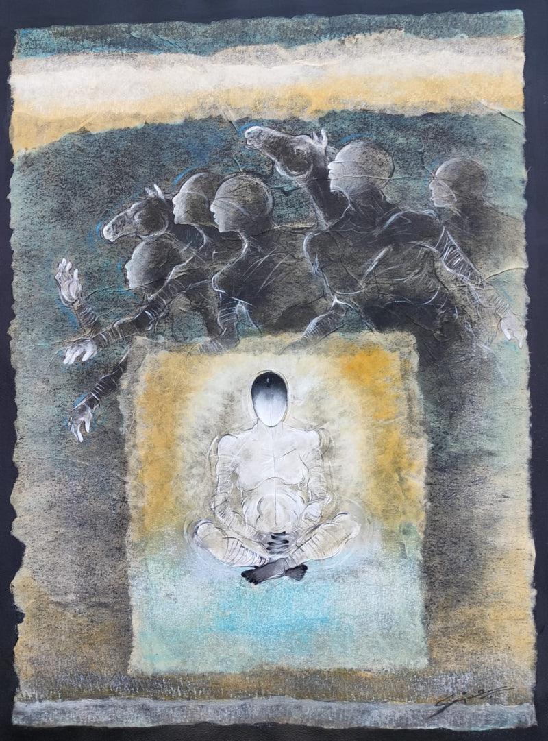 contemporary acrylic painting titled 'Untitled 13', 30x22 inches, by artist Sajal Patra on Nepali Rice Paper