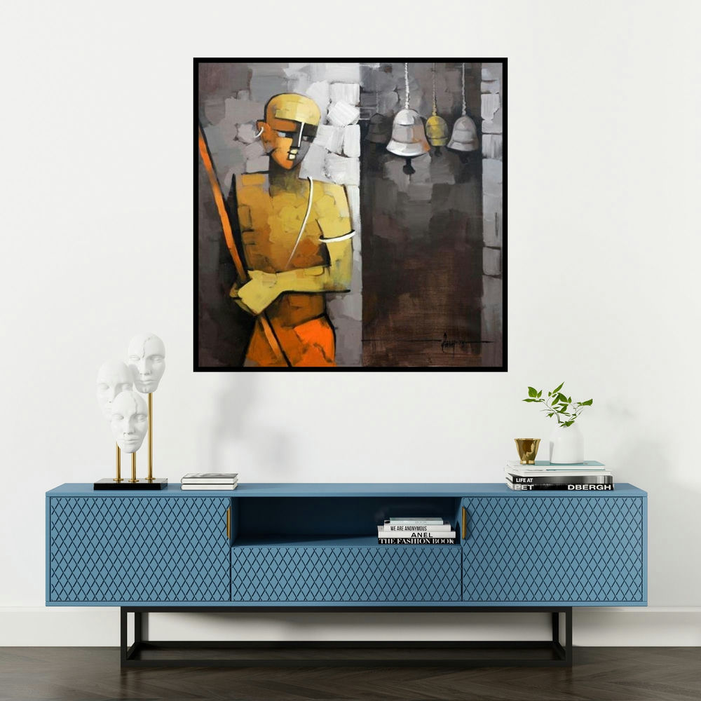 'Untitled (Spiritual Sentinel)' painting by Deepa Vedpathak shown on a wall in a furnished room.
