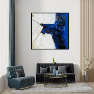 Preview of 'Untitled (Divided Realities)' Painting by Somanth Adamane shown on a wall in a furnished room.