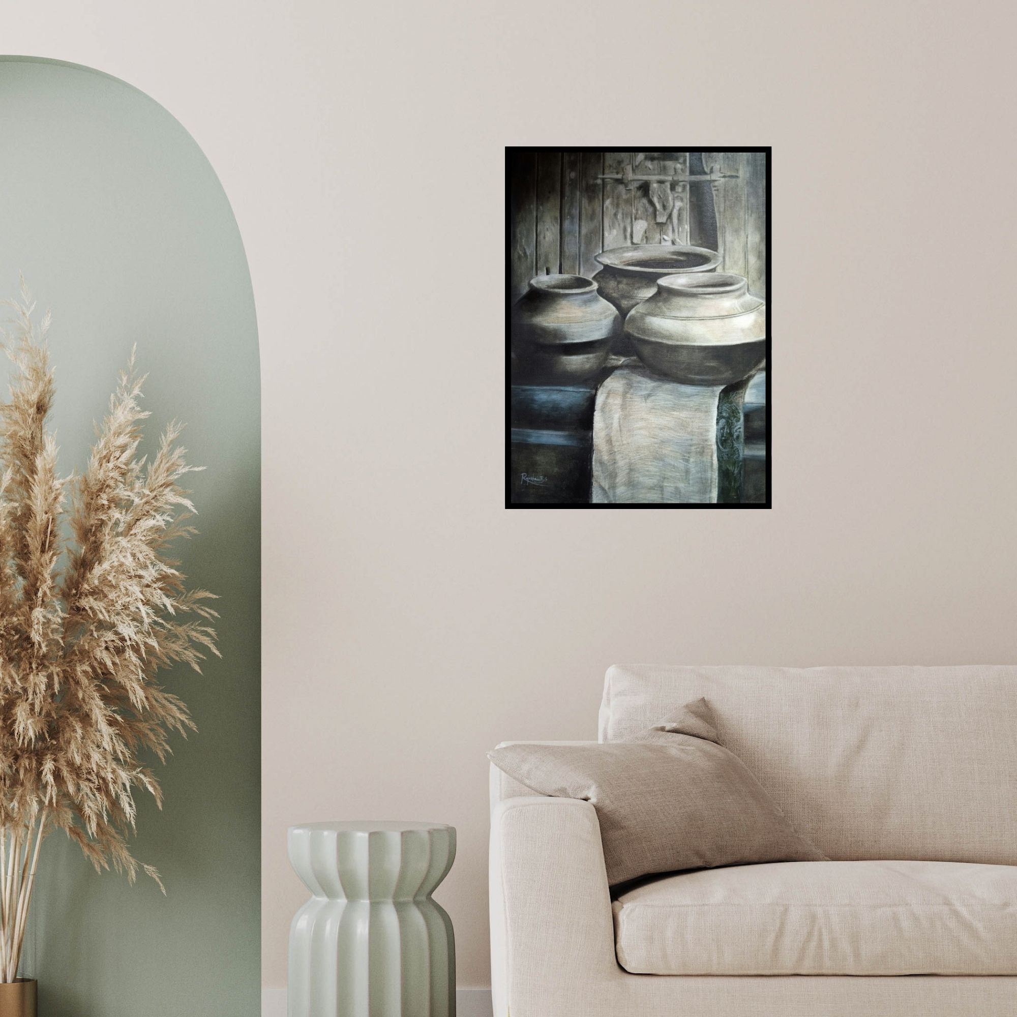 In-situ view of Rajashree Sutar's 'Untitled 14 (Vessels of Memory)' painting in a room