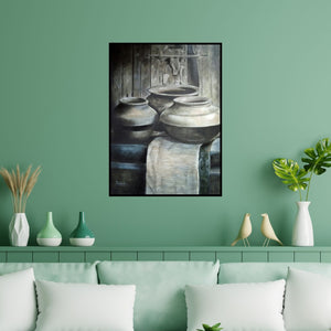 Preview of 'Untitled 14 (Vessels of Memory)' Painting by Rajashree Sutar shown on a wall in a furnished room.