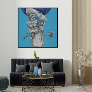 Mahavir Verma's 'Untitled 14 (Woman Carrying Offerings)' painting visualized above a sofa in a contemporary room.
