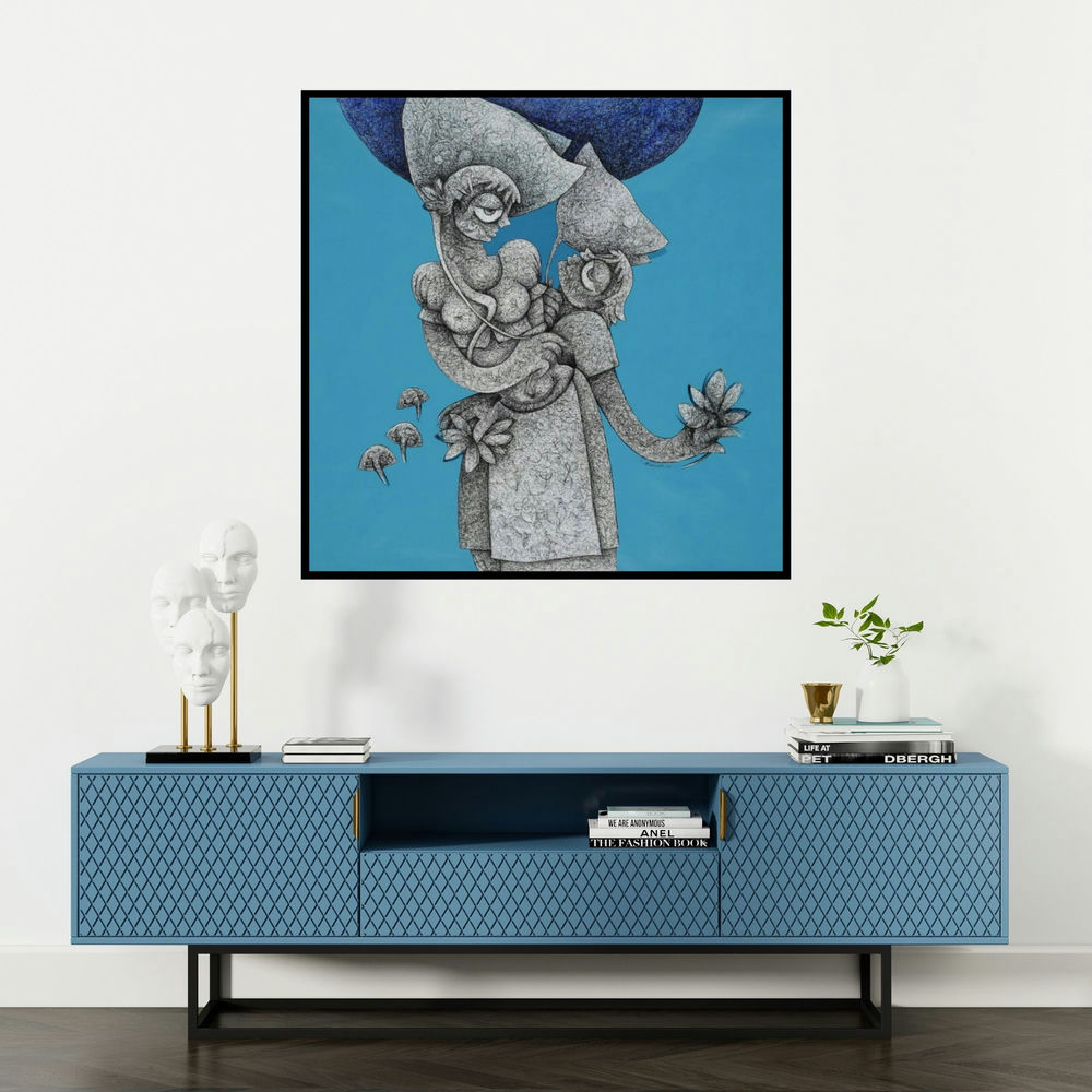 'Untitled 14 (Woman Carrying Offerings)' painting by Mahavir Verma shown on a wall in a furnished room.