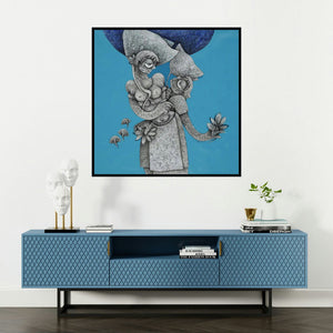'Untitled 14 (Woman Carrying Offerings)' painting by Mahavir Verma shown on a wall in a furnished room.